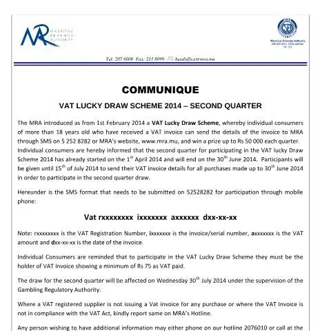 Document preview: Understanding the VAT Lucky Draw Scheme - Second Quarter — Government & admin (VLDS2014_SecondQuarter)