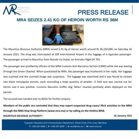 Document preview: Significant Drug Seizure by MRA at SSR International Airport — Government & admin (PressReleaseDrugSeizure250121)