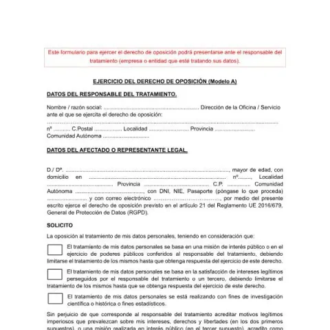 Vista previa del documento Formulario para ejercer el derecho de oposición — Digital y datos personales