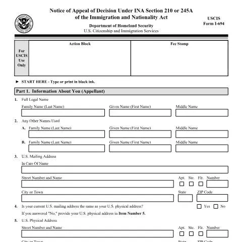 Document preview: Navigating USCIS Form I-694 for Immigration Appeals — Immigration & visas (CERFA n°I-694)