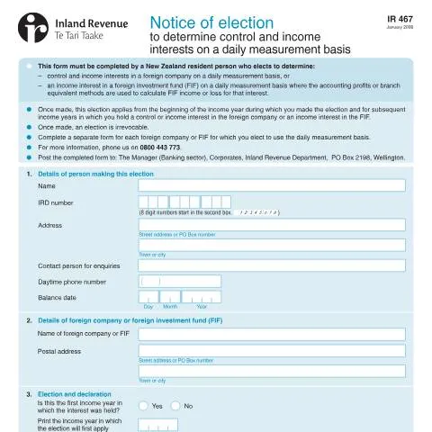 Document preview: Mastering the IR467 Form for Foreign Investment in New Zealand — Taxes (CERFA n°IR467)