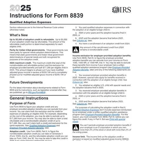 Document preview: Navigate IRS Instructions for Form 8839 on Adoption Credits — Taxes (CERFA n°INST-8839)