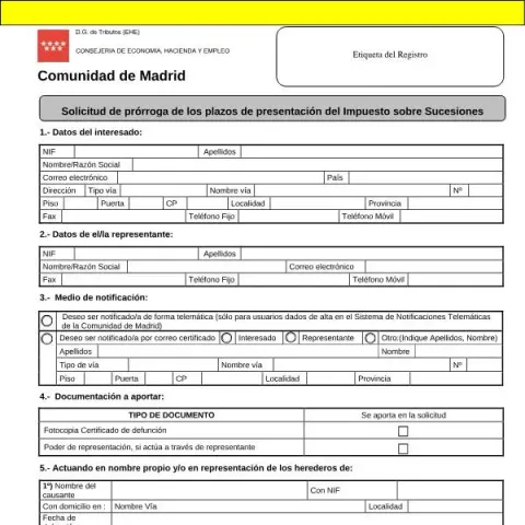 Vista previa del documento Solicitar prórroga para el Impuesto sobre Sucesiones en Madrid — Impuestos (467F1)