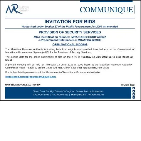 Document preview: Mauritius Revenue Authority Announces Security Services Procurement — Government & admin (Communique100622)