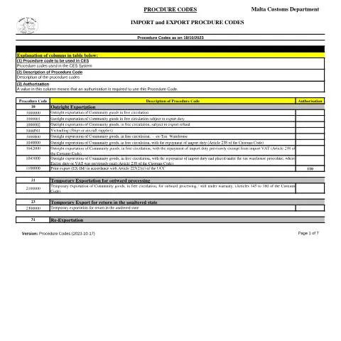 Document preview: Understanding Customs Electronic Systems (CES) in Malta — Customs & trade (CERFA n°procedure-codes-(2023-10-18)ddf342d3-6b39-4b11-9a17-81e9fe72)