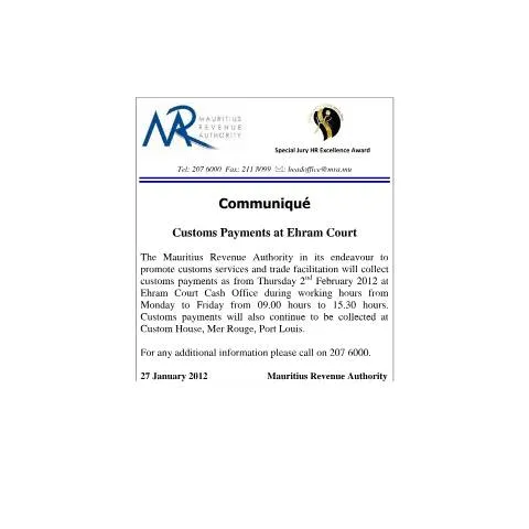 Document preview: Official Notice on Customs Payments at Ehram Court — Government & admin (CERFA n°CommuniqueCustomsPayments2012)