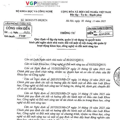 Document preview: Quy định mới về quản lý kinh phí khoa học và công nghệ — Thủ tục hành chính (CERFA n°38/2025/TT-BKHCN)