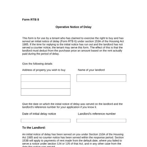 Document preview: RTB8 Operative Notice of Delay: When Landlords Don't Respond — Property & real estate