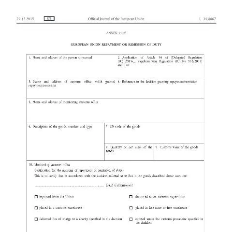 Document preview: Understanding EU Duty Repayment and Remission Processes — Customs & trade (CERFA n°european-union-repayment-or-remission-of-duty)
