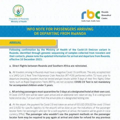 Document preview: Essential Arrival Guidelines for Travelers to Rwanda — Government & admin (CERFA n°info_note_for_passengers_arriving_in_rwanda_updates_december_16_2021)