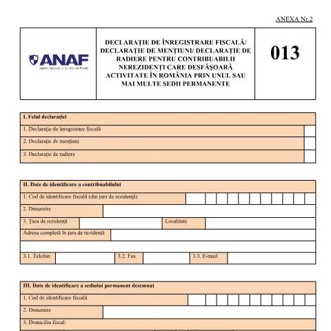 Document preview: Declarația de Înregistrare Fiscală pentru Contribuabilii Nerezidenți — Impozite & fiscalitate (CERFA n°D_013_OPANAF_15_2026)