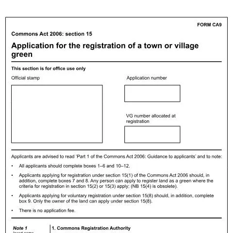 Document preview: Understanding the CA9 Form for Green Space Registration — Government & admin