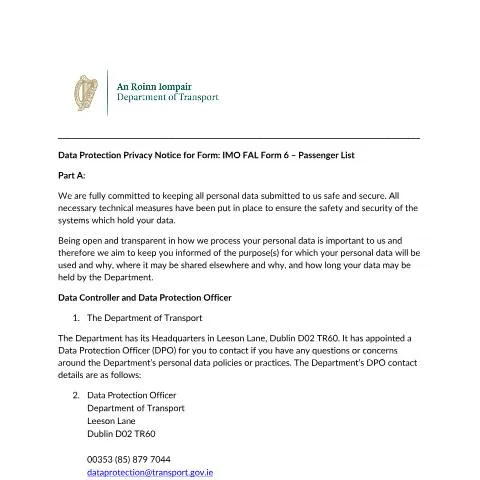 Document preview: Navigating the Data Protection Privacy Notice for Passenger Lists — Government & admin (FORM6)