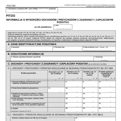 Document preview: Jak wypełnić formularz PIT/ZG dla dochodów zagranicznych? — Podatki i fiskalność (CERFA n°PIT/ZG)