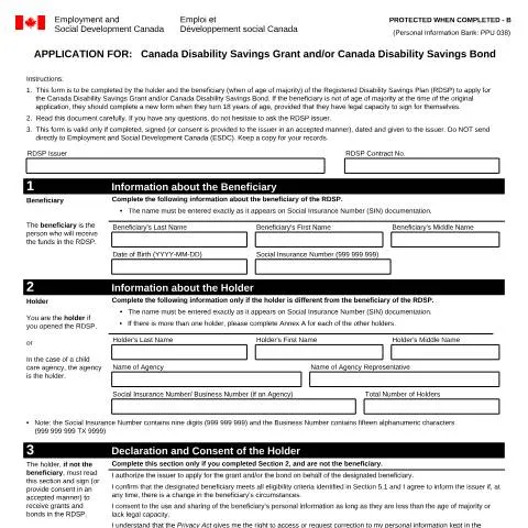 Document preview: Navigating the Canada Disability Savings Grant and Bond Application — Government & admin (CERFA n°EMP5608)