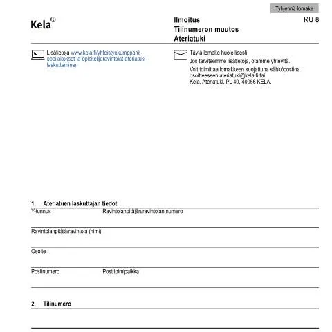 Document preview: Ateriatuki ja tilinumeron muutos: Kela RU 8 -ilmoituksen merkitys — Opiskelu & koulutus (CERFA n°Kela RU 8)