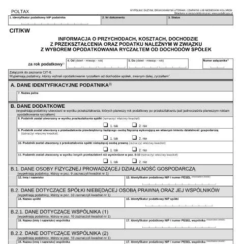 Document preview: Znaczenie formularza CIT/KW w przekształceniach spółek — Podatki i fiskalność (CERFA n°CIT/KW)