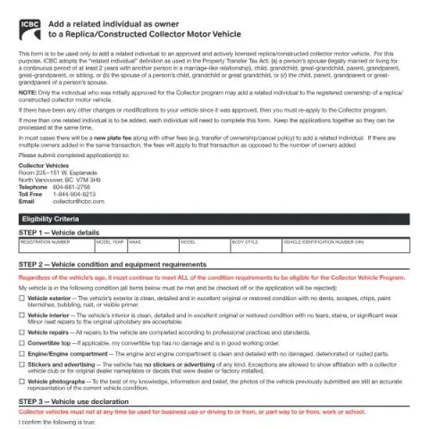 Document preview: Adding a Related Owner to Your Collector Vehicle with ICBC Form — Vehicle & driving (MV1427E)