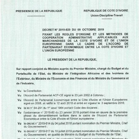 Aperçu du document Décret N° 2019-829 : Cadre juridique de l'APE en Côte d'Ivoire — Démarches administratives