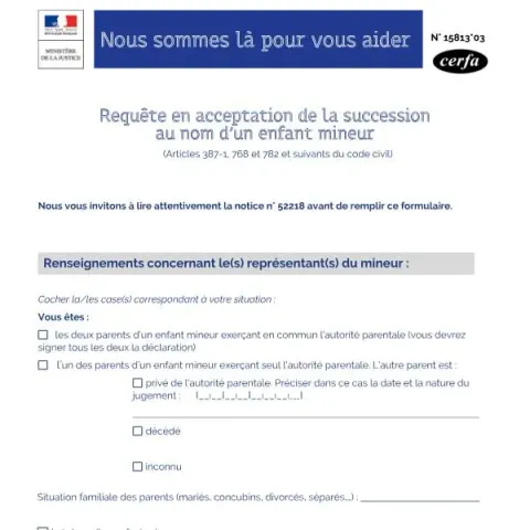 Aperçu du document Procédure d'acceptation de succession pour un mineur — Juridique & justice (Cerfa 15813*03)