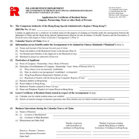 Document preview: Understanding the Certificate of Resident Status in Hong Kong — Taxes (CERFA n°IR 1313A)