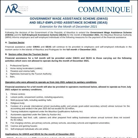 Document preview: Extension of Wage and Self-Employed Assistance Schemes for December — Benefits & social aid (CERFA n°Communique131221)