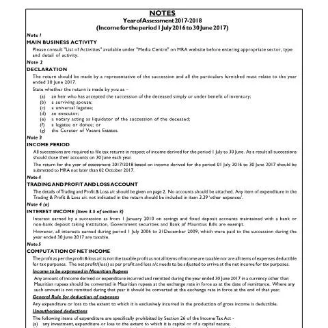 Document preview: Navigating the 2017/2018 Succession Tax Return in Mauritius — Government & admin (CERFA n°NotesSuccession201718)