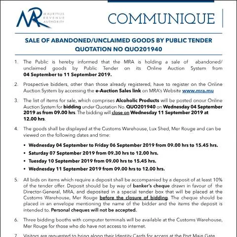 Document preview: Understanding the Sale of Abandoned Goods in Mauritius — Government & admin (Communique40of2019)