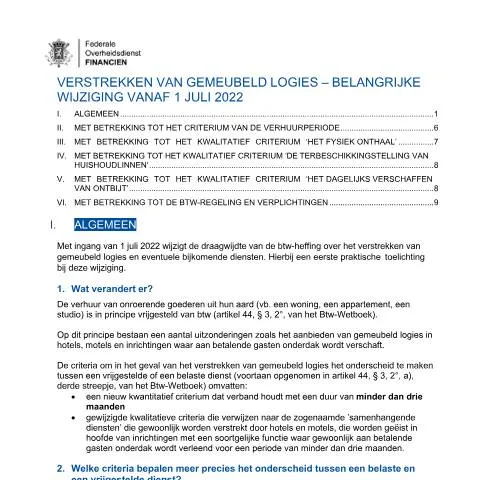 Aperçu du document Changements fiscaux pour les logements meublés en Belgique — Logement (CERFA n°123-verstrekken-gemeubeld-logies-btw-heffing)
