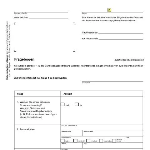 Dokumentvorschau: Der Verf14 Fragebogen: Ein Leitfaden für Steuerpflichtige — Steuern (CERFA n°Verf14)