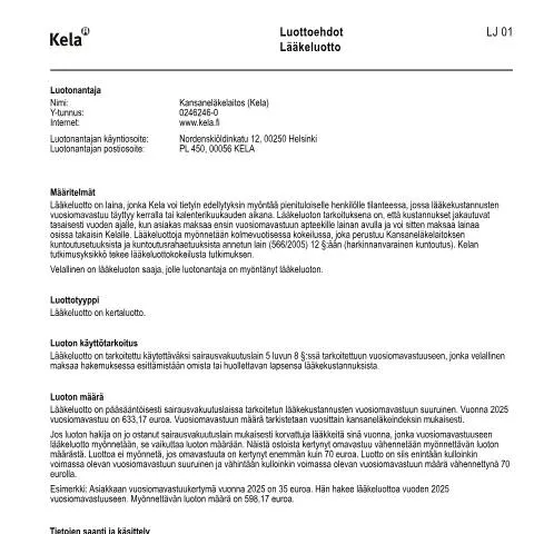 Document preview: Lääkeluotto: Tuki Sairauskulujen Hallitsemiseksi — Terveys (CERFA n°Kela LJ 01)