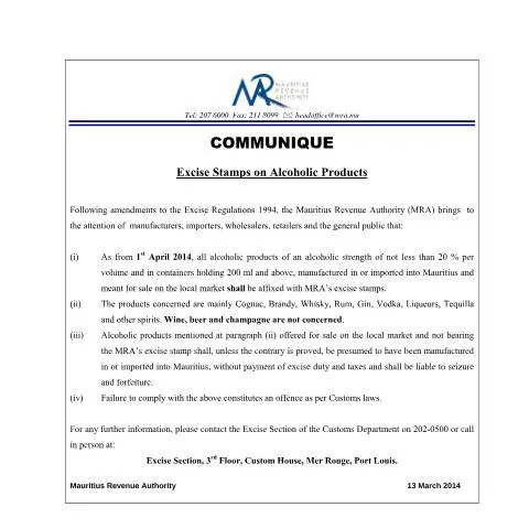 Document preview: Understanding Excise Stamps on Alcoholic Beverages in Mauritius — Government & admin (ExciseStamps_AlcoholicProducts)