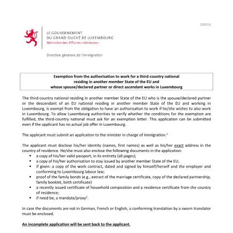 Aperçu du document Accédez au marché du travail luxembourgeois en tant que tiers — Immigration & visas (CERFA n°dispense-famille-frontalier-tiers)