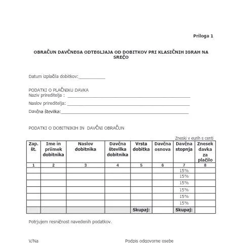 Document preview: Vloga obrazca DODKIS pri igrah na srečo v Sloveniji — Davki & obdavčitev (CERFA n°DODKIS)