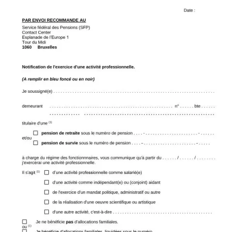 Aperçu du document Formulaire de notification d'activité pour pensionnés — Retraite & pension (00122)