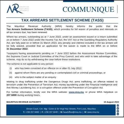 Document preview: Mauritius Tax Arrears Settlement Scheme (TASS) Update August 2022 — Taxes (CERFA n°CommuniqueTASS100822)
