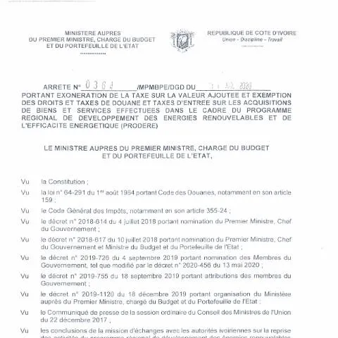 Aperçu du document Cadre réglementaire de l'exonération PRODERE en Côte d'Ivoire — Démarches administratives