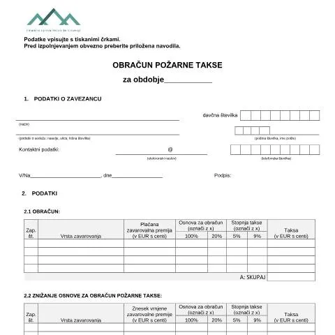 Document preview: Pomembnost obračuna požarne takse v Sloveniji — Davki & obdavčitev (CERFA n°PT)