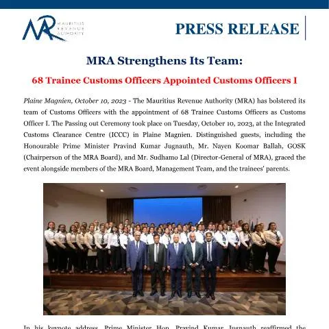 Document preview: 68 Trainee Customs Officers Promoted to Customs Officer I at MRA — Government & admin (PressRelease101023)