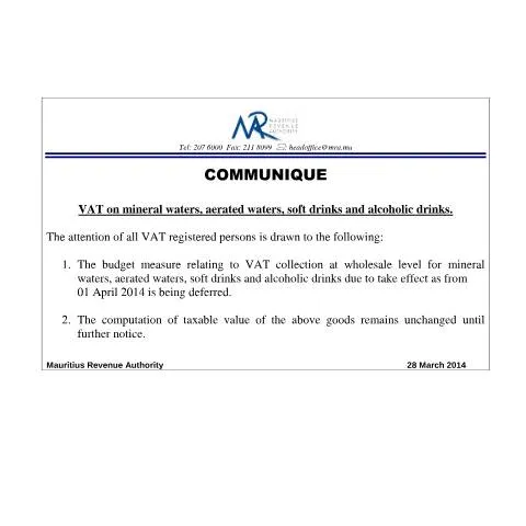 Document preview: Mauritius VAT Regulations on Selected Beverages — Taxes (CERFA n°VATcommunique280314)