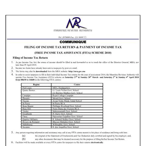 Document preview: 2010 Mauritius Income Tax Filing and Payment Procedures — Taxes (CERFA n°CommuniqueFITA18032010)