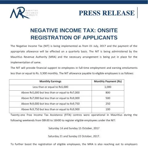 Document preview: The Importance of Onsite Registration for Negative Income Tax — Taxes (CERFA n°NITPressRelease)