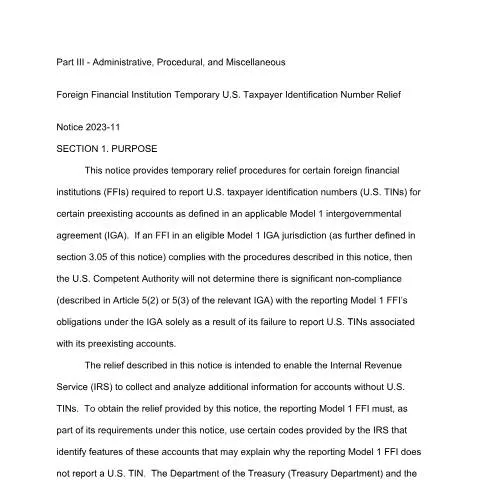 Document preview: Jamaica's Notice 2023-11: Temporary U.S. TIN Relief for FFIs — Taxes (CERFA n°Notice+2023-11)