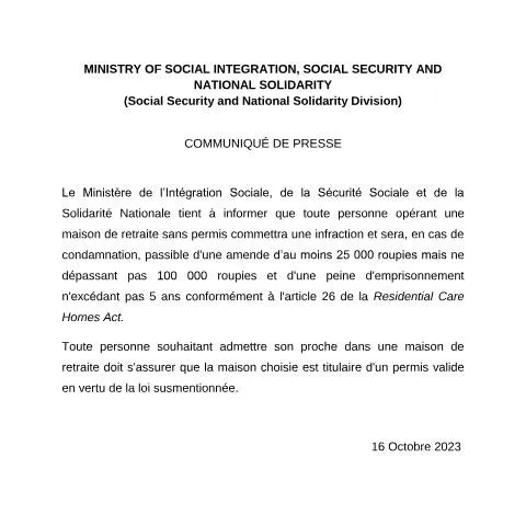 Document preview: Mandatory Licensing for Retirement Homes in Mauritius — Government & admin (Annex-B-Communique-de-Presse-French)