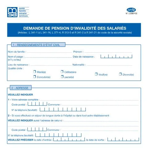 Aperçu du document Comment obtenir une pension d'invalidité en tant que salarié agricole — Santé (CERFA n°11980*03)