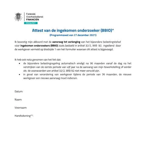 Aperçu du document Comprendre l'attestation pour chercheurs en Belgique — Démarches administratives (CERFA n°122-attest-verlenging-ingekomen-onderzoeker-bbio)