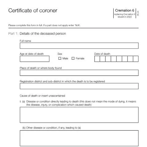 Document preview: Understanding the UK Certificate of Coroner for Cremation — Legal & justice