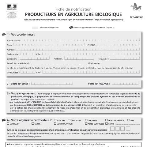 Aperçu du document Enregistrement des producteurs bio : guide de la fiche 14341*02 — Démarches administratives (CERFA n°14341*02)