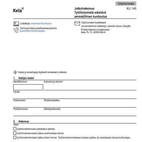 Document preview: Työllistymistä edistävä ammatillinen kuntoutus ja Jatkohakemus — Terveys (CERFA n°Kela KU 140)