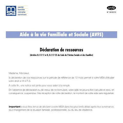 Aperçu du document Comment réussir sa déclaration de ressources pour l'AVFS — Famille (CERFA n°16150*01)